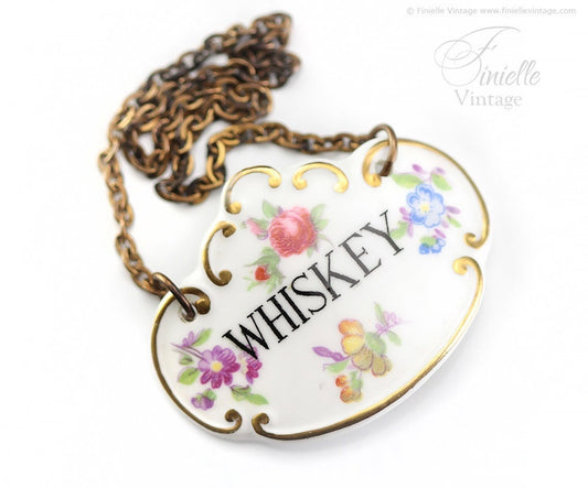 Vintage 1980s Hammersley Bone China Whiskey Decanter Bottle Label, Made in England, Hand Painted Flowers Gold Accents and Solid Brass Chain