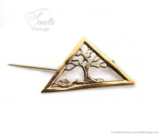 Vintage 1970s Tree Of Life Triangle Brooch Pin, 18Ct Gold Filled, Unique Gift Vintage Jewelry Jewellery