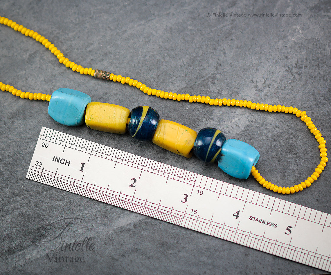 Vintage 1960s African Trade Beads, Handmade Glass Strand Beaded Necklace, Yellow, Blue, Turquoise, 16", Rare, Unique Gift