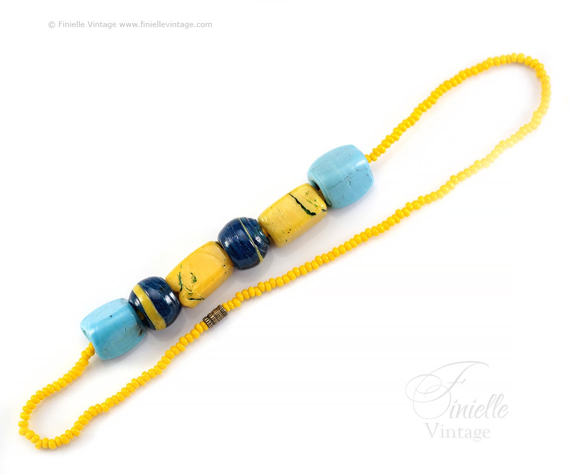 Vintage 1960s African Trade Beads, Handmade Glass Strand Beaded Necklace, Yellow, Blue, Turquoise, 16", Rare, Unique Gift