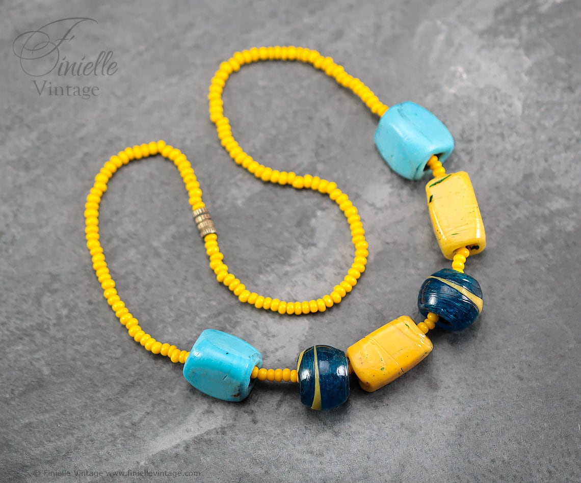 Vintage 1960s African Trade Beads, Handmade Glass Strand Beaded Necklace, Yellow, Blue, Turquoise, 16", Rare, Unique Gift