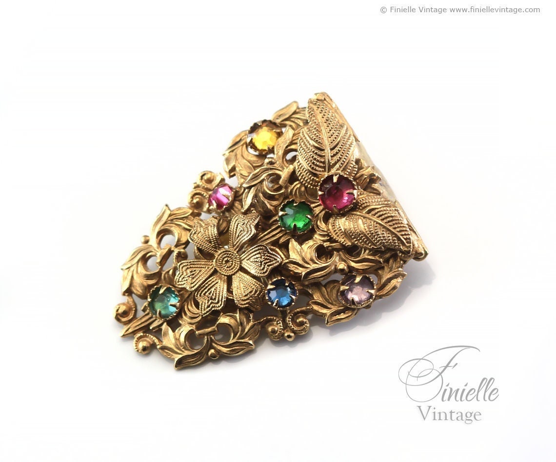 Antique Vintage c1920-1930 Art Deco Czech Bohemian Floral Brooch Dress Clip, 18K Gold Plated Brass, Crystal Rhinestones, Unique Jewelry