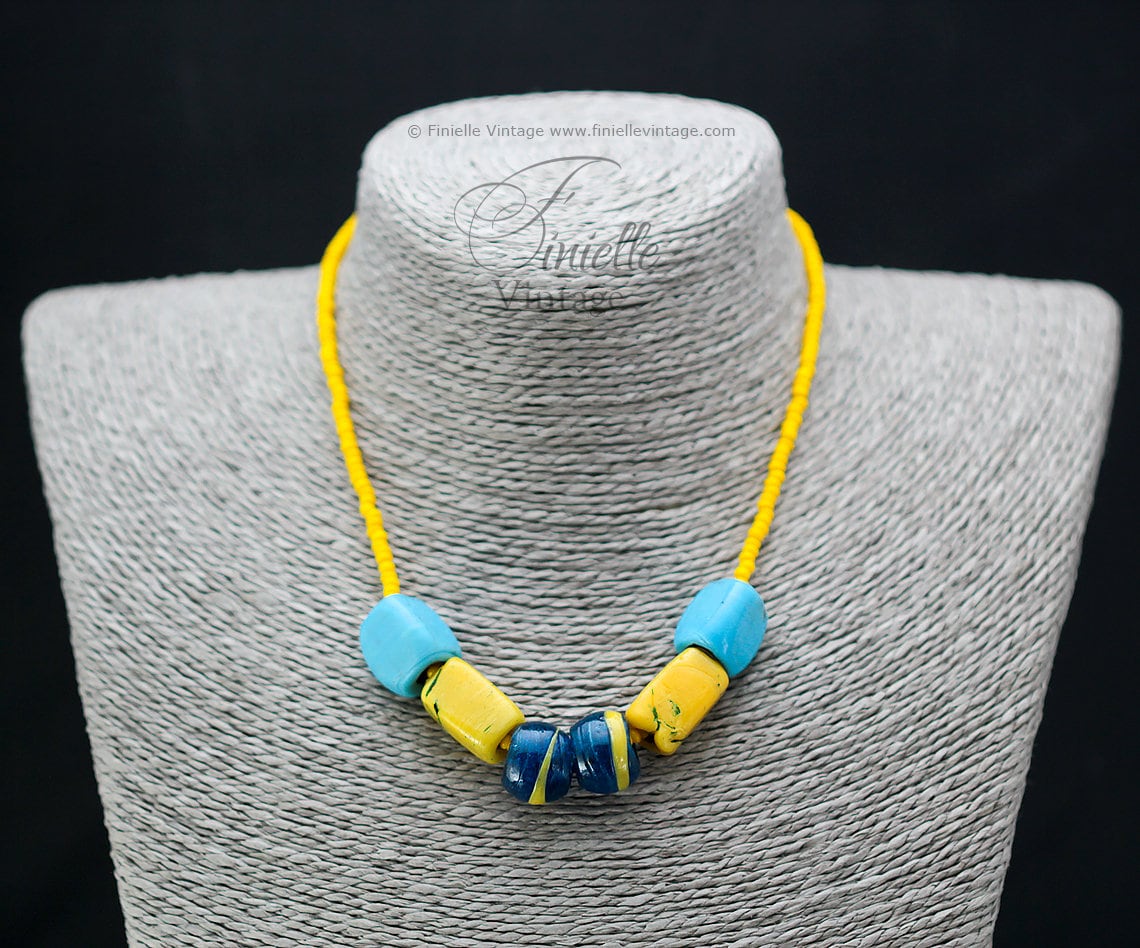 Vintage 1960s African Trade Beads, Handmade Glass Strand Beaded Necklace, Yellow, Blue, Turquoise, 16", Rare, Unique Gift