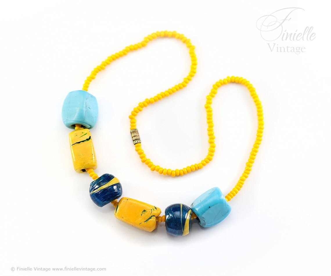 Vintage 1960s African Trade Beads, Handmade Glass Strand Beaded Necklace, Yellow, Blue, Turquoise, 16", Rare, Unique Gift