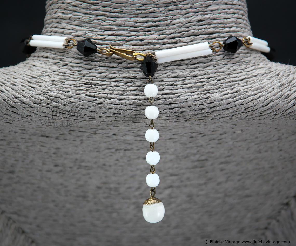 Vintage 1950s Black and White Lucite and Brass Necklace & Clip-On Earring Set, Gold Tone – Unique Art Deco Style Jewellery, Jewelry Gift