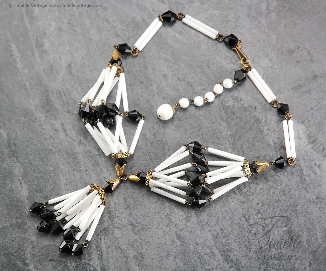 Vintage 1950s Black and White Lucite and Brass Necklace & Clip-On Earring Set, Gold Tone – Unique Art Deco Style Jewellery, Jewelry Gift