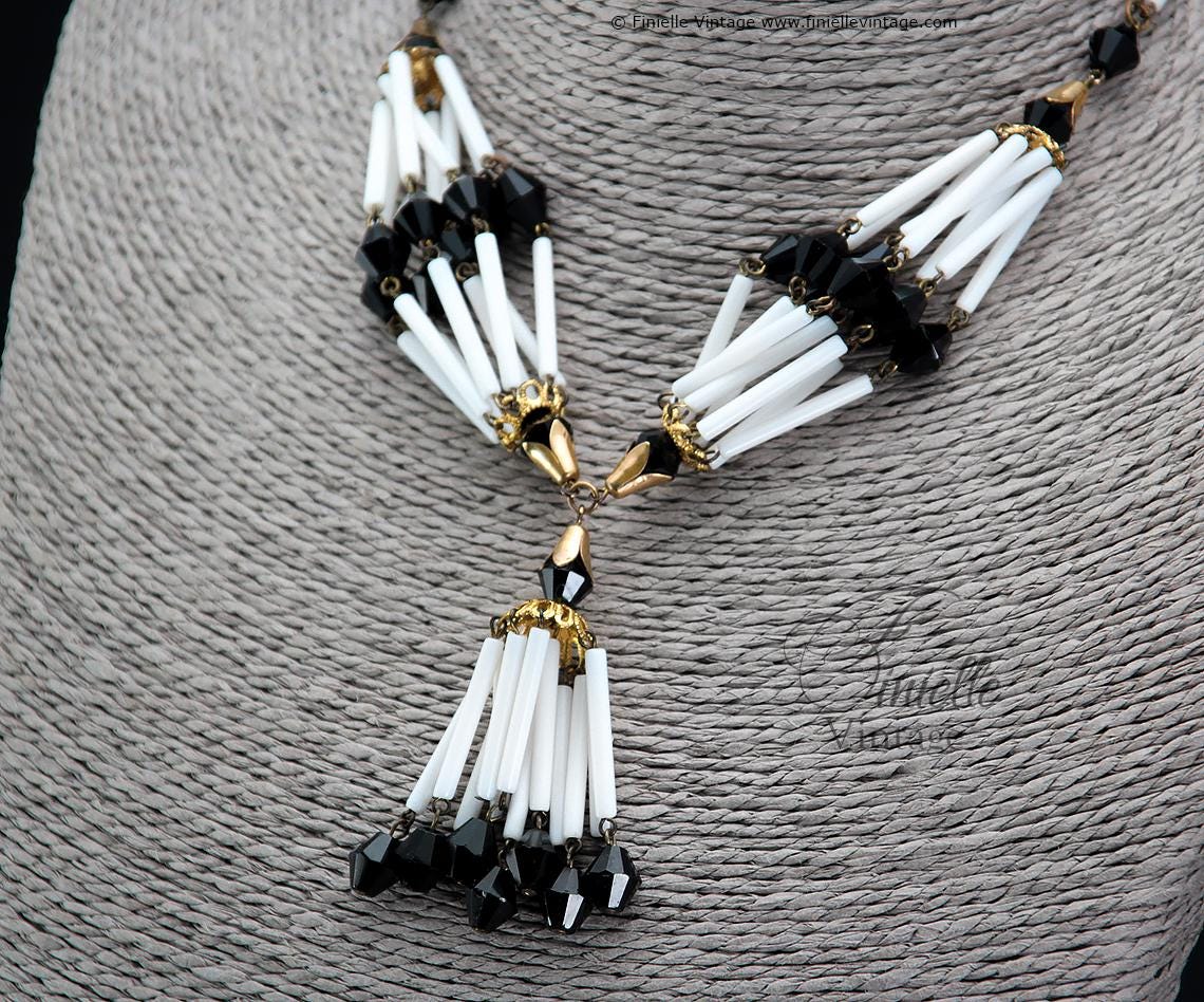 Vintage 1950s Black and White Lucite and Brass Necklace & Clip-On Earring Set, Gold Tone – Unique Art Deco Style Jewellery, Jewelry Gift