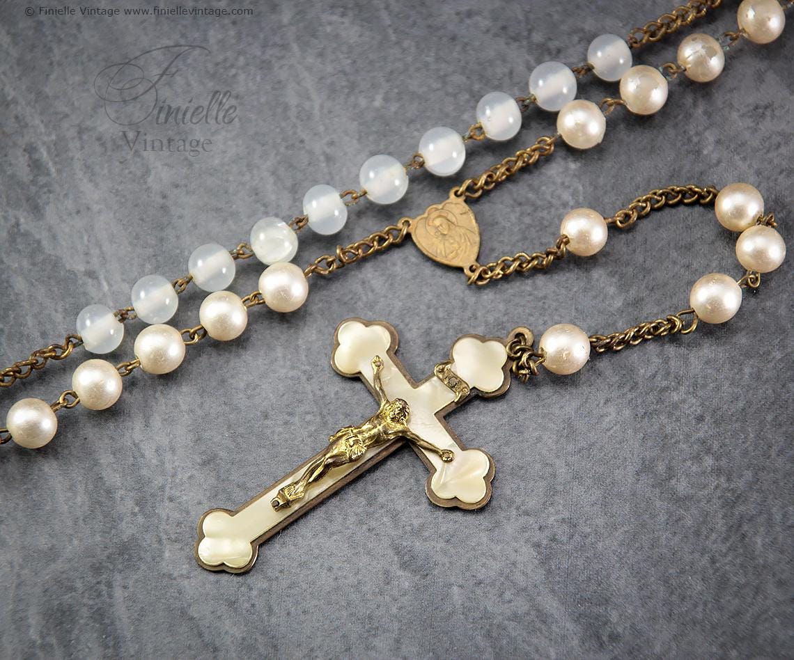 Antique Vintage 1920s–1930s Catholic Rosary – Faux Pearls, Glass Beads, Brass & Mother of Pearl Crucifix, Collectable Unique Gift