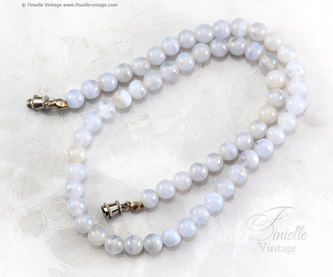 2x Vintage Art Deco-Style 1970s Beads Necklaces, Faceted Purple Amethyst and Blue Lace Agate, 16" and 15" Long, Unique Jewelry Gift