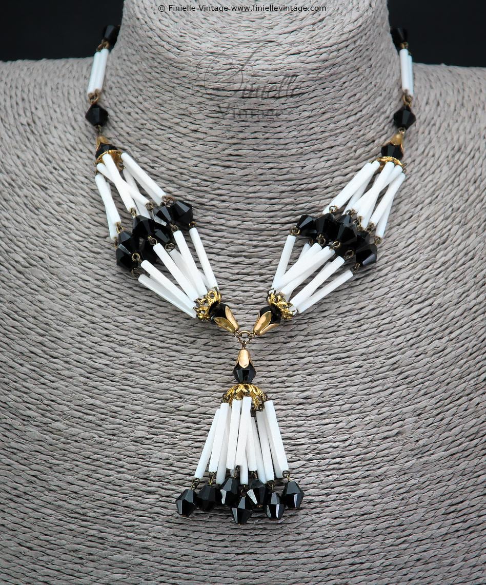 Vintage 1950s Black and White Lucite and Brass Necklace & Clip-On Earring Set, Gold Tone – Unique Art Deco Style Jewellery, Jewelry Gift