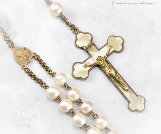 Antique Vintage 1920s–1930s Catholic Rosary – Faux Pearls, Glass Beads, Brass & Mother of Pearl Crucifix, Collectable Unique Gift