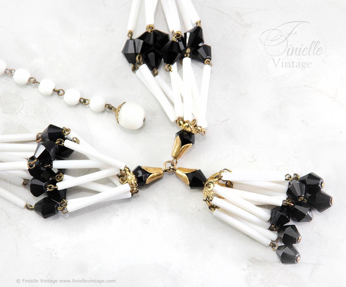 Vintage 1950s Black and White Lucite and Brass Necklace & Clip-On Earring Set, Gold Tone – Unique Art Deco Style Jewellery, Jewelry Gift