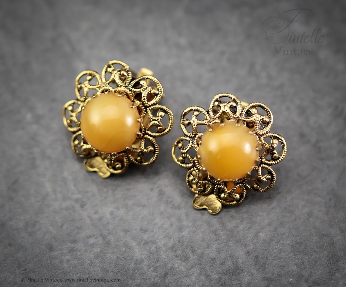 Vintage 1960s-70s Clip-On Earrings Set – 3 Pairs Gold-Tone Floral with Green, Pink & Yellow Glass Cabochons