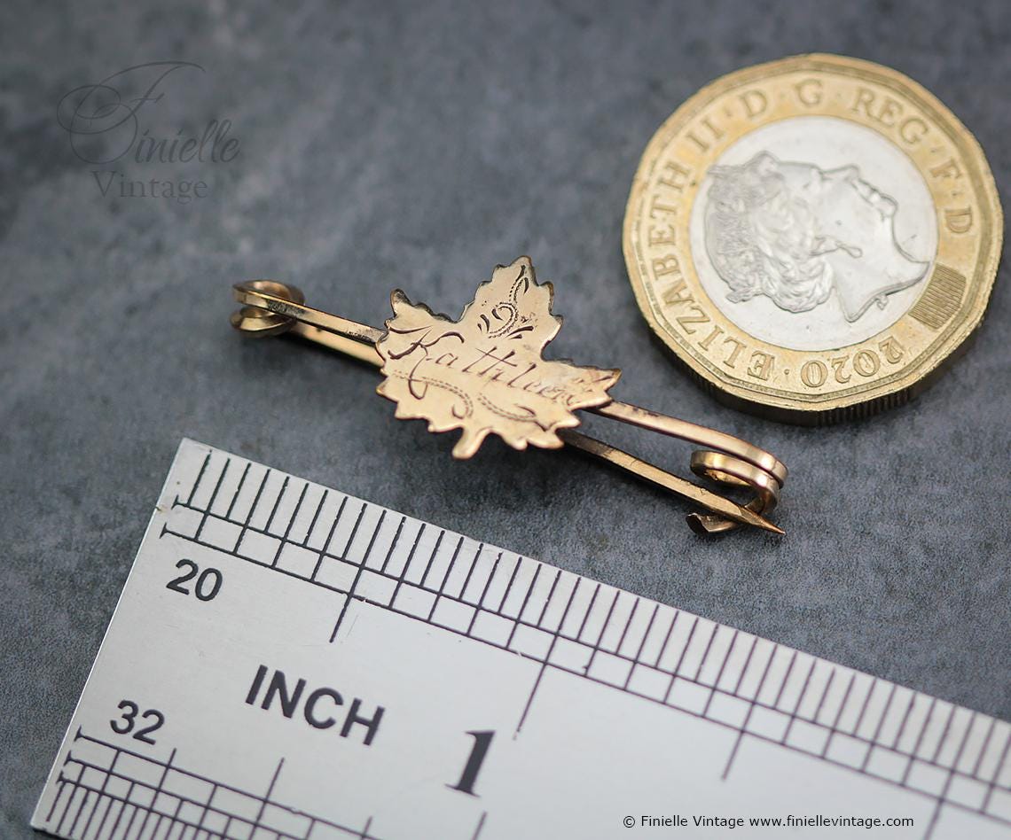 Antique Victorian 14Ct Rolled Gold Maple Leaf Brooch – Engraved "Kathleen" – Bar Pin Scarf Clip – c.1890s Personalized Gift