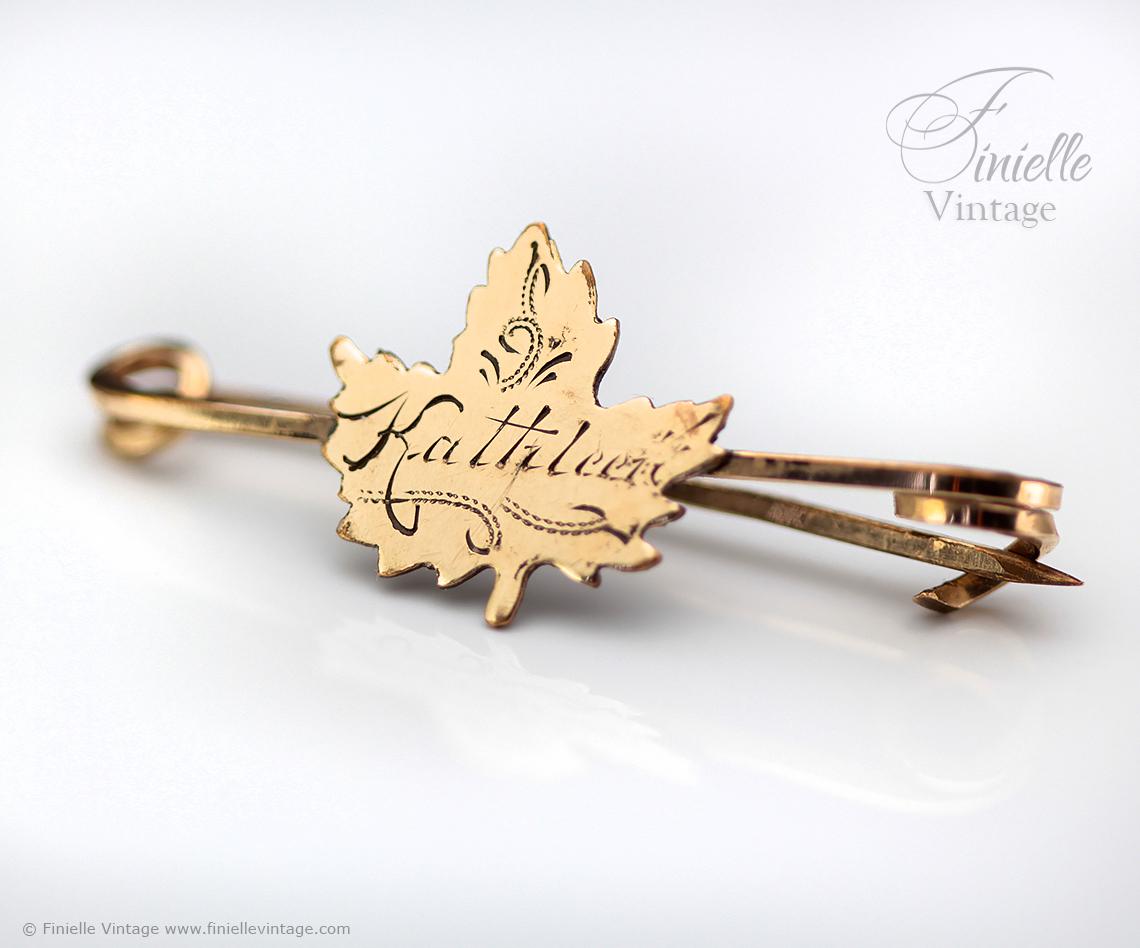 Antique Victorian 14Ct Rolled Gold Maple Leaf Brooch – Engraved "Kathleen" – Bar Pin Scarf Clip – c.1890s Personalized Gift