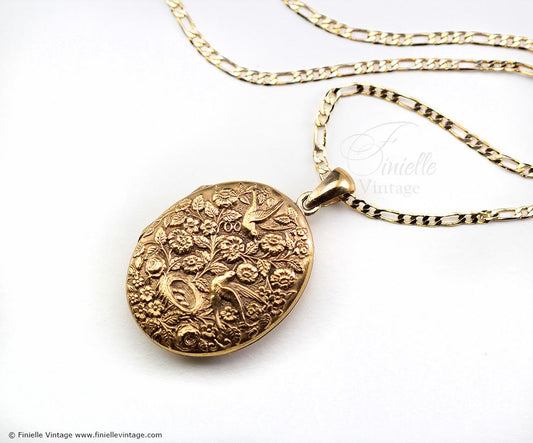 Vintage, Victorian Revival, 1960s Large 18Ct Gold Plated, Two Photos Locket – Birds and Nest Floral Engraving
