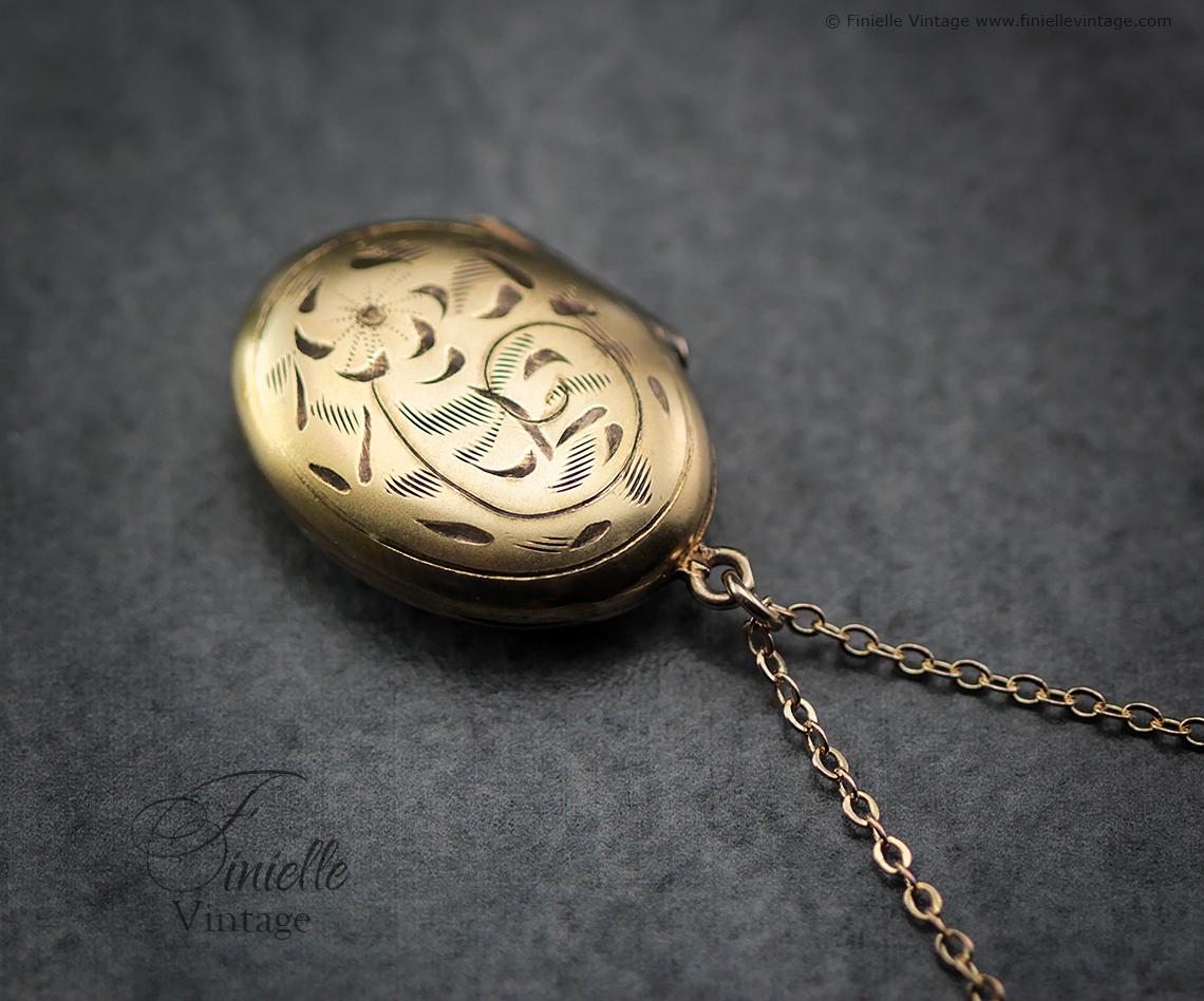 1950s 14Ct Rolled Gold Floral Oval Locket Necklace, George F. Baker Ltd, Mid Century Vintage Jewellery