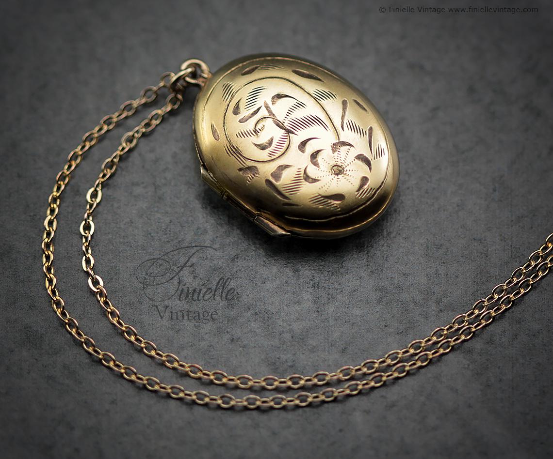 1950s 14Ct Rolled Gold Floral Oval Locket Necklace, George F. Baker Ltd, Mid Century Vintage Jewellery