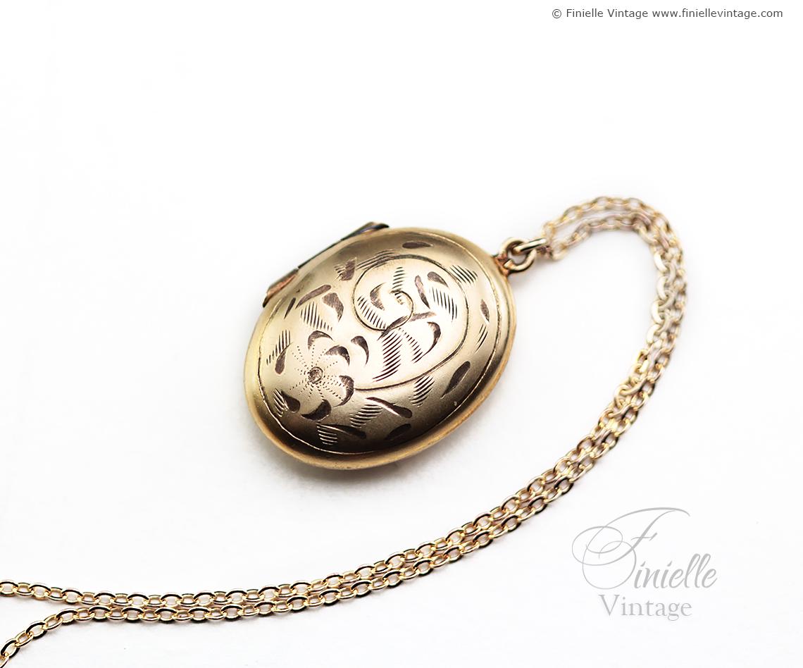 1950s 14Ct Rolled Gold Floral Oval Locket Necklace, George F. Baker Ltd, Mid Century Vintage Jewellery