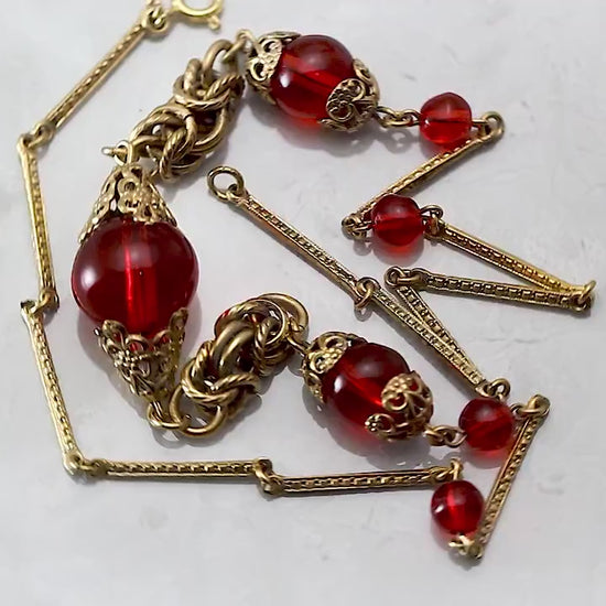 Vintage Art Deco 1920s, Antique Czech Craftsmanship Bohemian Red Glass Beaded Necklace, Gold Plated Brass, Unique Jewelry Jewellery