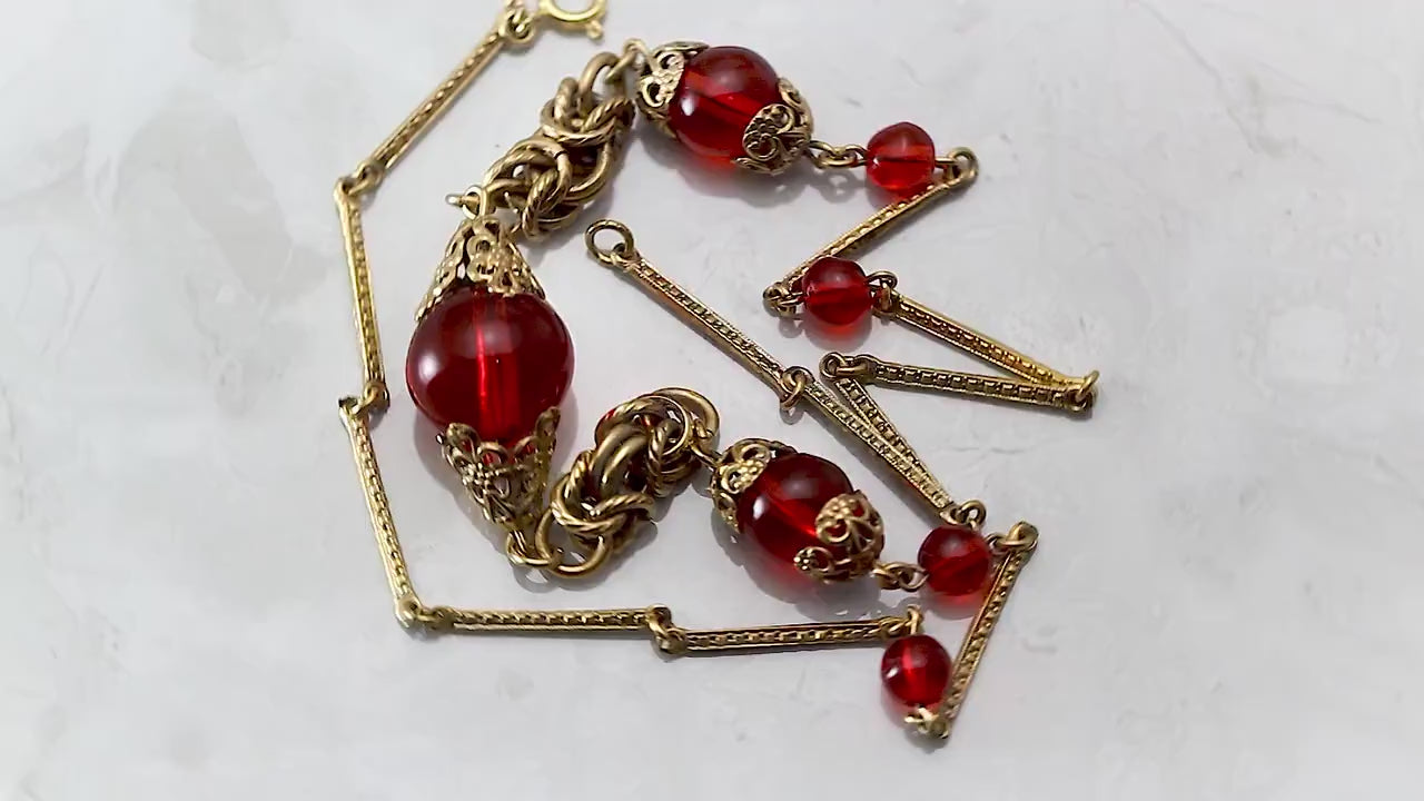 Vintage Art Deco 1920s, Antique Czech Craftsmanship Bohemian Red Glass Beaded Necklace, Gold Plated Brass, Unique Jewelry Jewellery