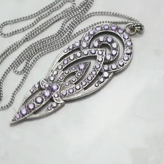 Antique Vintage Art Deco Czech Dress Clip Repurposed to Pendant Necklace, Amethyst Cubic Zirconia, Antique Silver Plated, Unique Gift