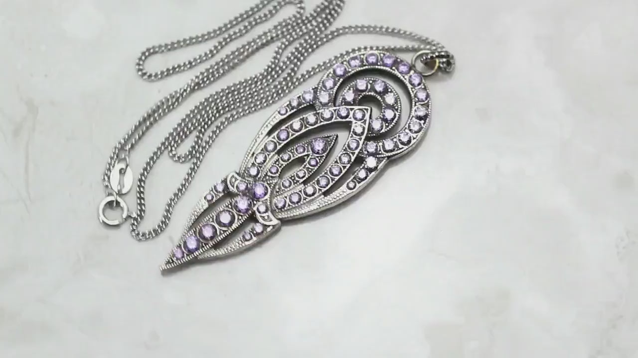 Antique Vintage Art Deco Czech Dress Clip Repurposed to Pendant Necklace, Amethyst Cubic Zirconia, Antique Silver Plated, Unique Gift