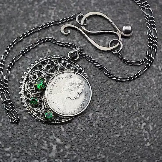 Vintage 1975 Lucky Half Penny Coin Charm Pendant Necklace, Antique Silver Plated, Sterling Silver Figaro Chain, Unique Gift