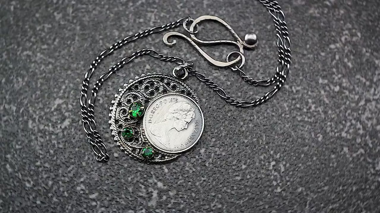 Vintage 1975 Lucky Half Penny Coin Charm Pendant Necklace, Antique Silver Plated, Sterling Silver Figaro Chain, Unique Gift