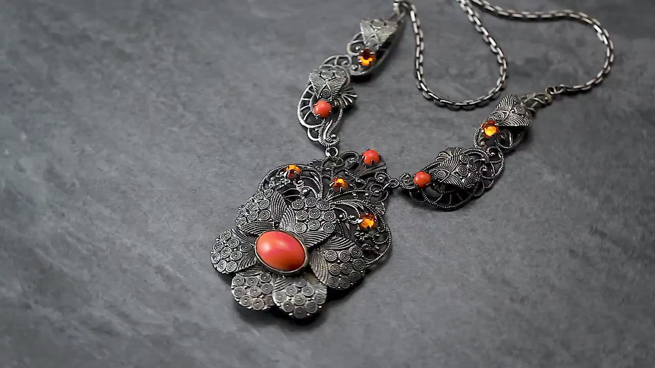 Vintage Art Deco 1930s, Czech Bohemian Filigree Ornate Unique Necklace, Coral Glass, Citrine Crystal Rhinestones, Antique Silver Plated