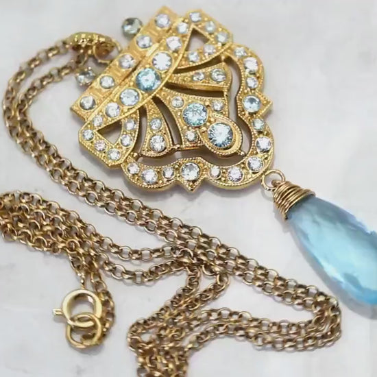 Art Deco Unique Necklace Pendant, Blue Aquamarine Cubic Zirconia, Antique, Vintage Repurposed One, Richly Gilded, Birthday Gift for Women.