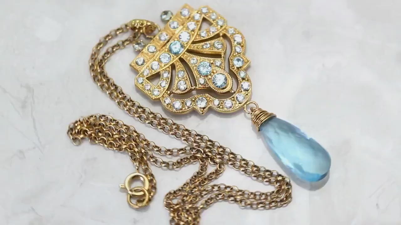 Art Deco Unique Necklace Pendant, Blue Aquamarine Cubic Zirconia, Antique, Vintage Repurposed One, Richly Gilded, Birthday Gift for Women.