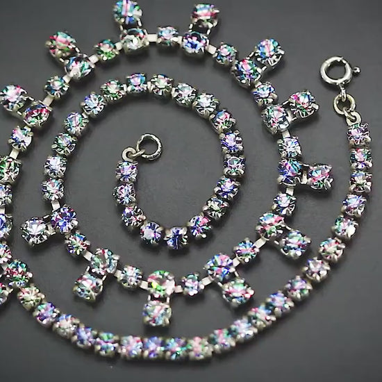 Vintage 1950-1960s Art Deco Czech Silver Plated Necklace, Iris Rainbow Glass Rhinestones, Unique Jewelry, Jewellery Gift for Woman