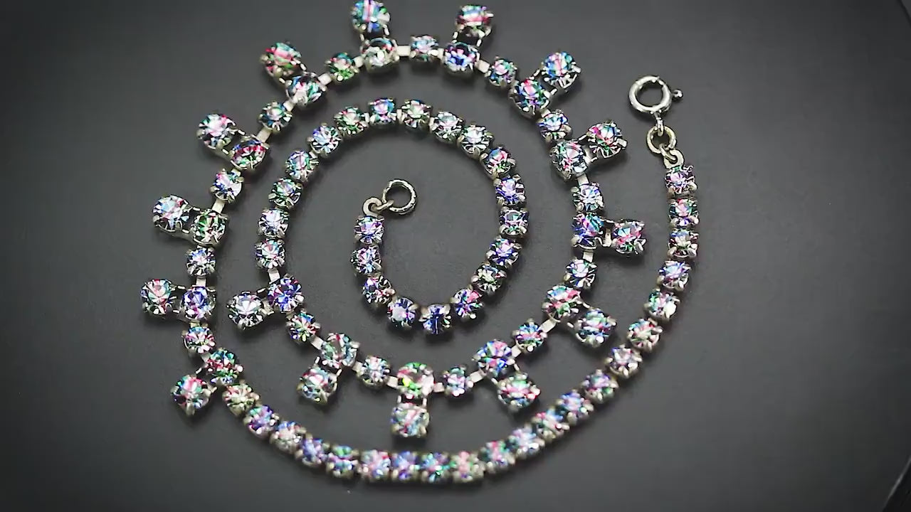 Vintage 1950-1960s Art Deco Czech Silver Plated Necklace, Iris Rainbow Glass Rhinestones, Unique Jewelry, Jewellery Gift for Woman