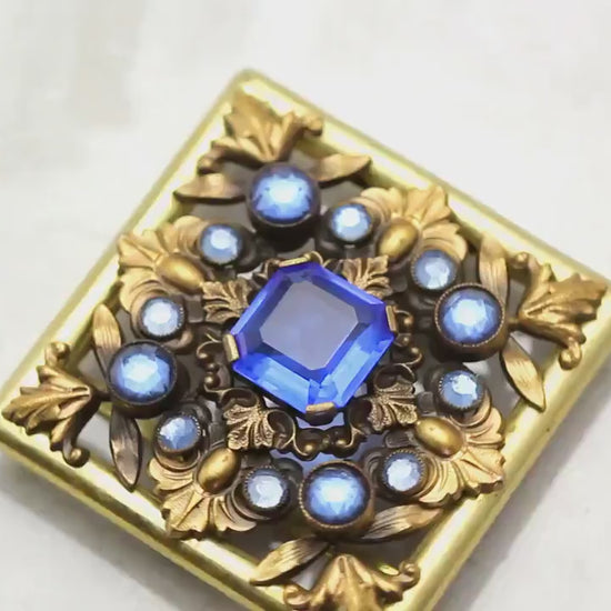 Art Deco 1920-1930's Vintage Czech Blue Glass Buckle, Filigree, Gilded Brass, Gold tone, Bohemian Vintage Jewelry, Gift, Antique jewellery