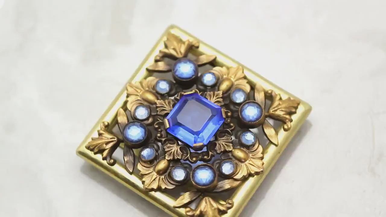 Art Deco 1920-1930's Vintage Czech Blue Glass Buckle, Filigree, Gilded Brass, Gold tone, Bohemian Vintage Jewelry, Gift, Antique jewellery