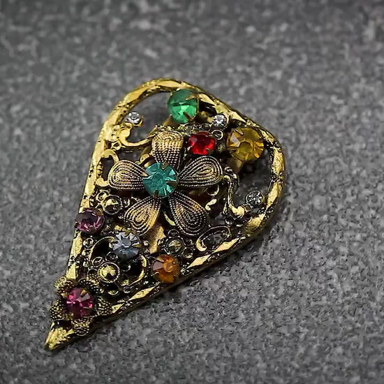 Antique Vintage c1920-1930 Art Deco Czech Bohemian Floral Brooch Dress Clip, 18K Gold Plated Brass, Crystal Rhinestones, Unique Jewelry