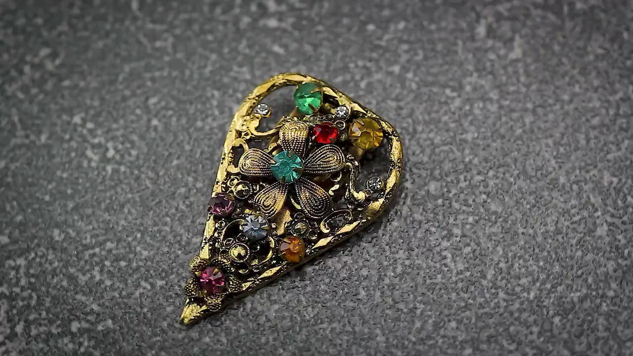 Antique Vintage c1920-1930 Art Deco Czech Bohemian Floral Brooch Dress Clip, 18K Gold Plated Brass, Crystal Rhinestones, Unique Jewelry