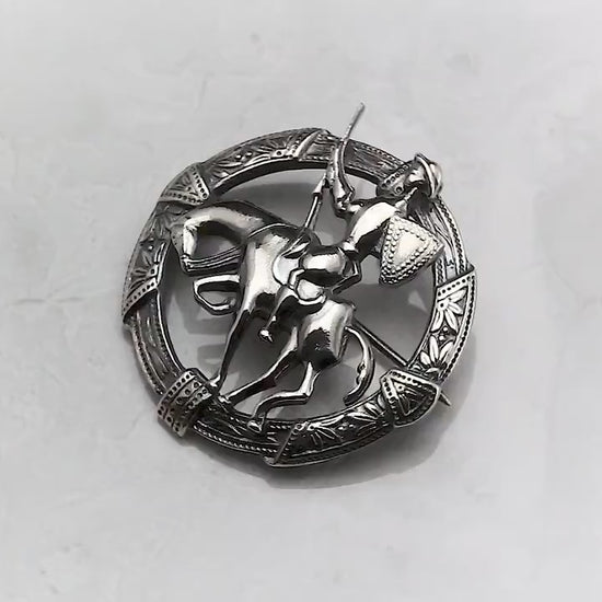 Silver Plated, Antique Vintage 1920-1940 Art Deco round Brooch Pin, Toledo Don Quixote On Horseback, Unique Gift Jewelry Jewellery