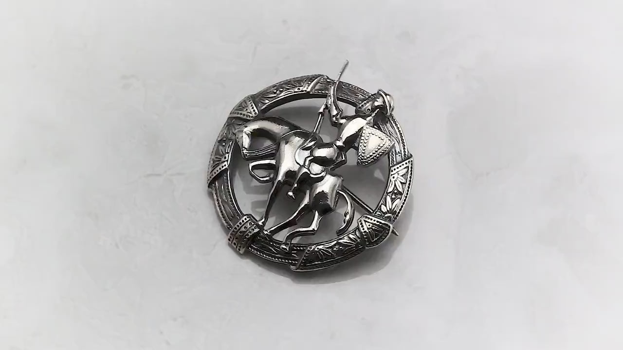Silver Plated, Antique Vintage 1920-1940 Art Deco round Brooch Pin, Toledo Don Quixote On Horseback, Unique Gift Jewelry Jewellery
