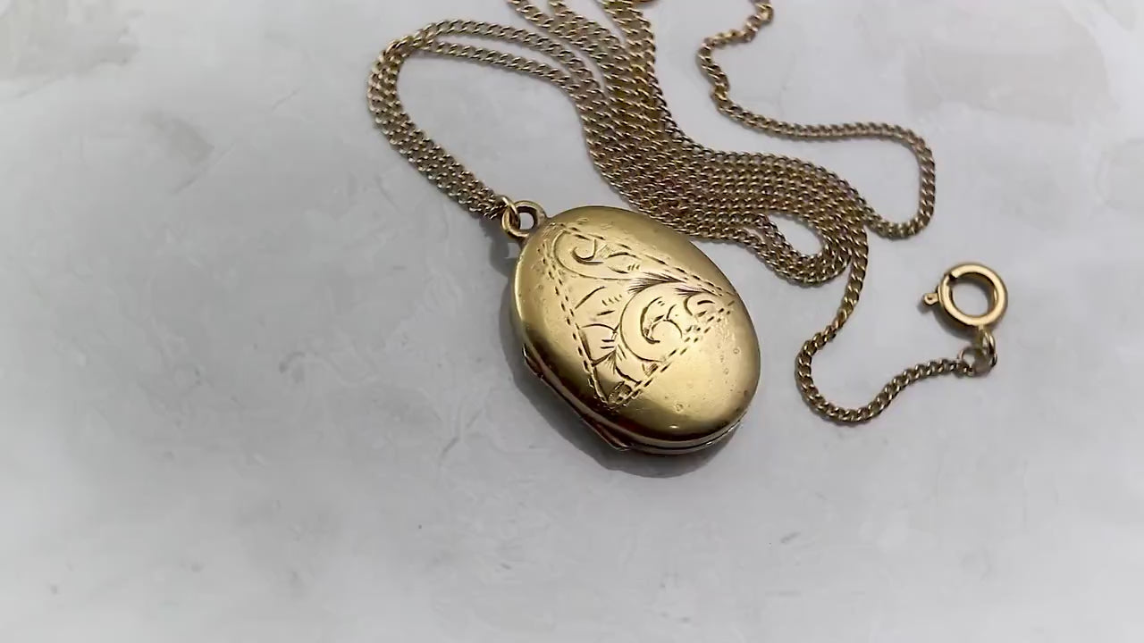 Rolled Gold Vintage 1920s Oval 2 Photo Locket Pendant Necklace, Engraved Ornate Floral, Gold Plated Chain, Unique Antique Jewelry