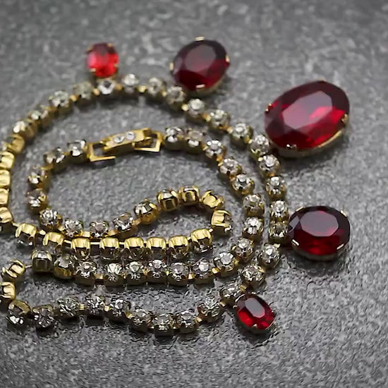 Vintage 1940-1950s Art Deco Czech Gold Plated Necklace, Garnet Red and Clear Glass Rhinestones, Unique Jewelry, Jewellery, Gift for Woman
