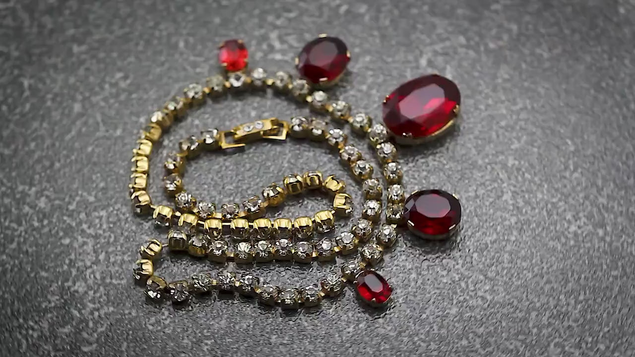 Vintage 1940-1950s Art Deco Czech Gold Plated Necklace, Garnet Red and Clear Glass Rhinestones, Unique Jewelry, Jewellery, Gift for Woman