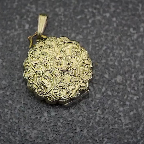 Vintage 1970s 14Ct Rolled Gold Floral Engraved Ornate Fancy Shape 2 Photo Small Locket Pendant, Maker K&L Kordes and Lichtenfels