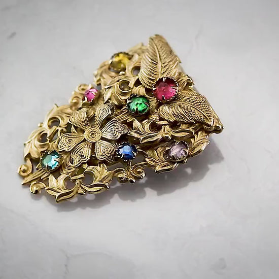 Antique Vintage c1920-1930 Art Deco Czech Bohemian Floral Brooch Dress Clip, 18K Gold Plated Brass, Crystal Rhinestones, Unique Jewelry