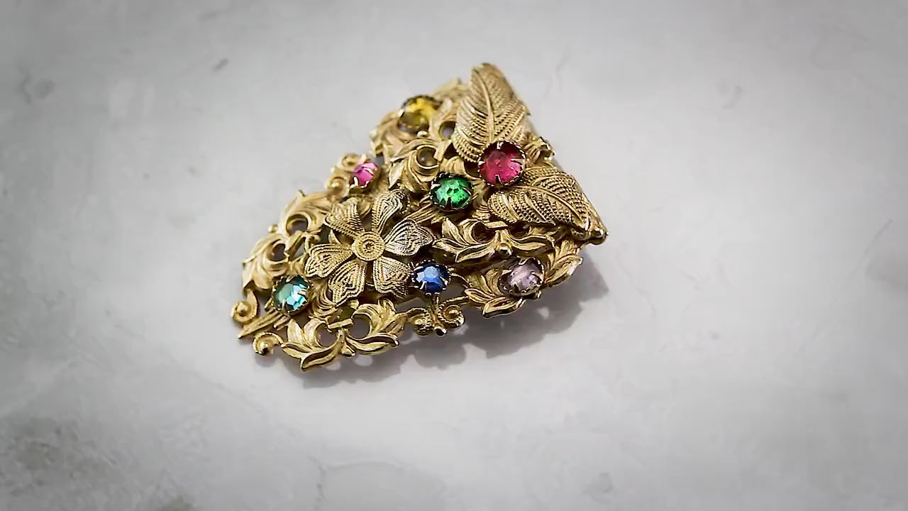 Antique Vintage c1920-1930 Art Deco Czech Bohemian Floral Brooch Dress Clip, 18K Gold Plated Brass, Crystal Rhinestones, Unique Jewelry