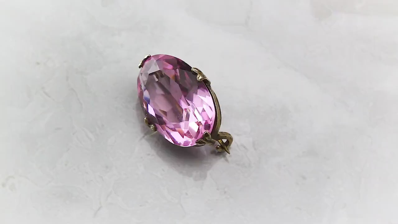 Antique Edwardian Era 1901-1910 Gilded Brass Lace Brooch, Faceted Paste Faux Pink Topaz, Unique Gift Jewellery Jewelry