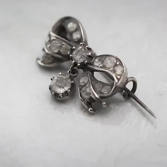 Sterling Silver Antique Victorian c1880-1900 Small Bow Brooch, Clear Glass Crystals, Unique Jewellery Jewelry Gift