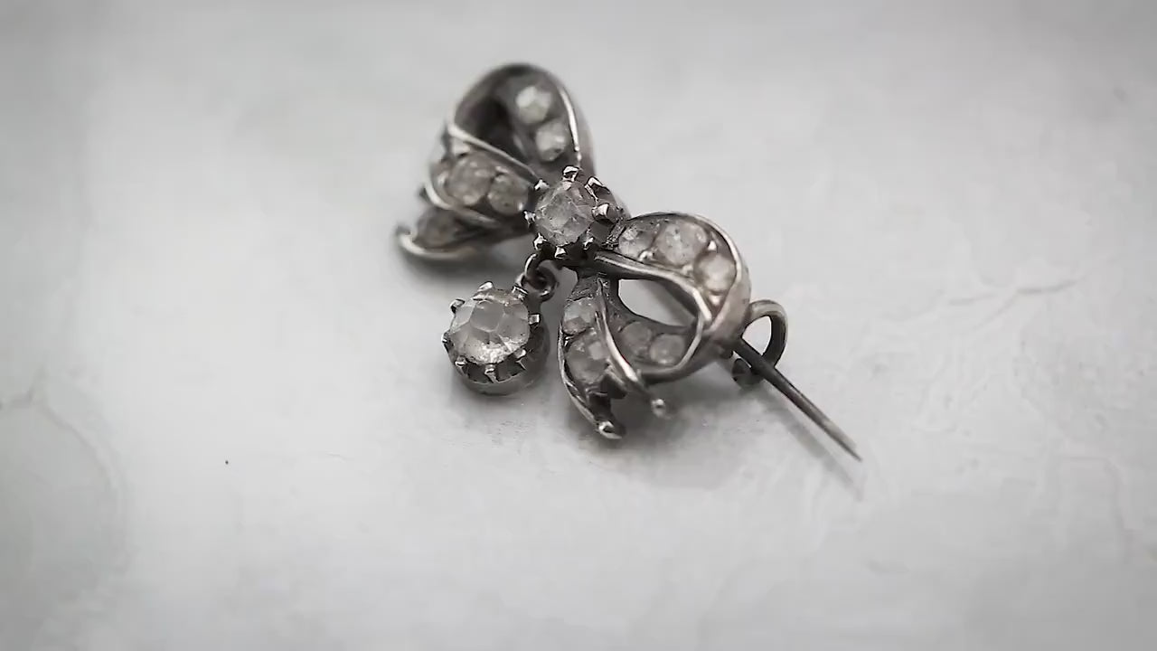 Sterling Silver Antique Victorian c1880-1900 Small Bow Brooch, Clear Glass Crystals, Unique Jewellery Jewelry Gift