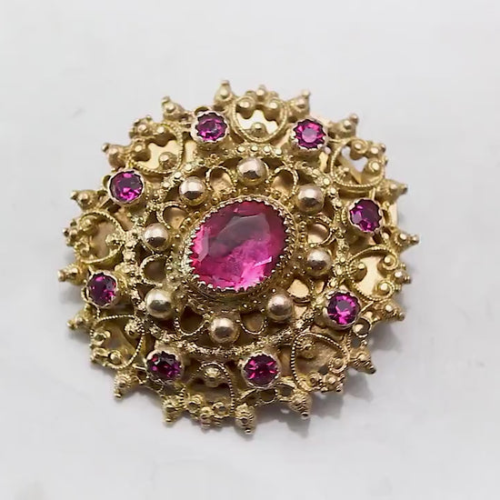 Victorian 1850-1900 Antique Filigree Ornate Paste Brooch Pin, Rose Pink Glass Rhinestones, Antique Gold Plated, Unique Jewelry Jewellery